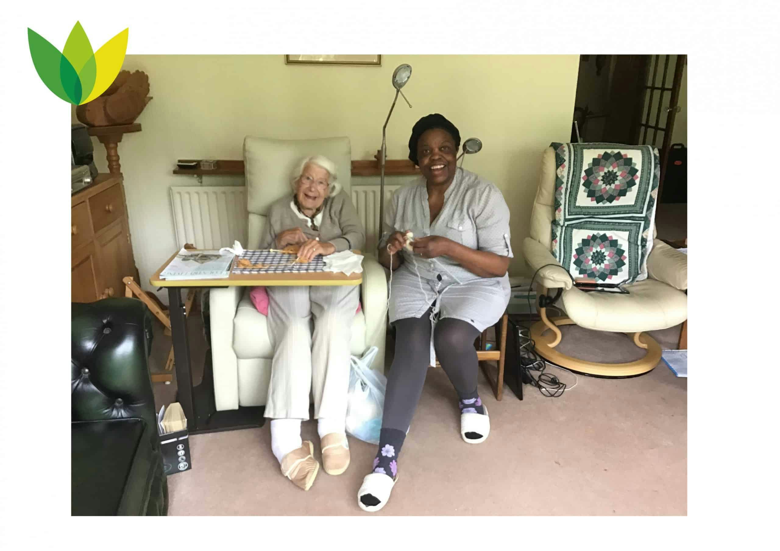 Elderly Lady and Carer Knitting