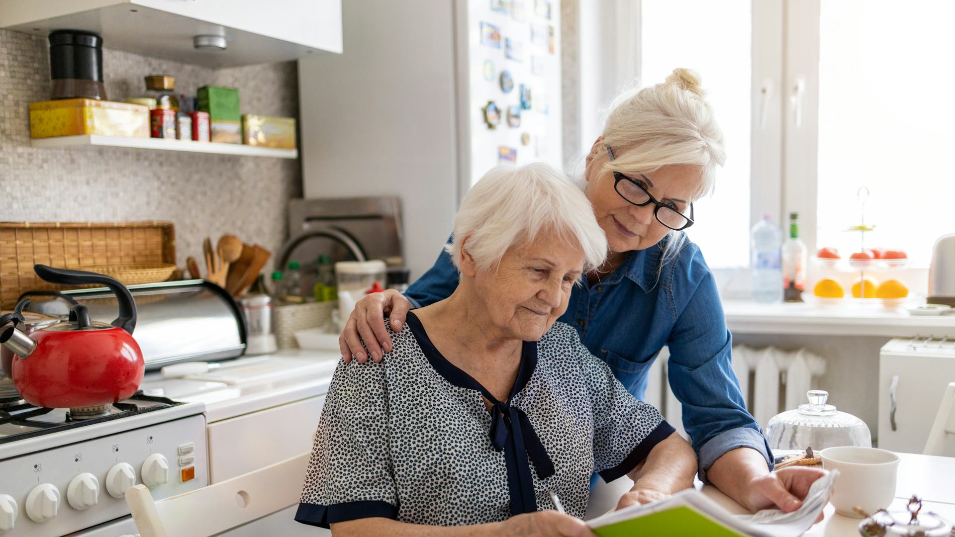 Carer helping elderly lady complete her expenses tracking