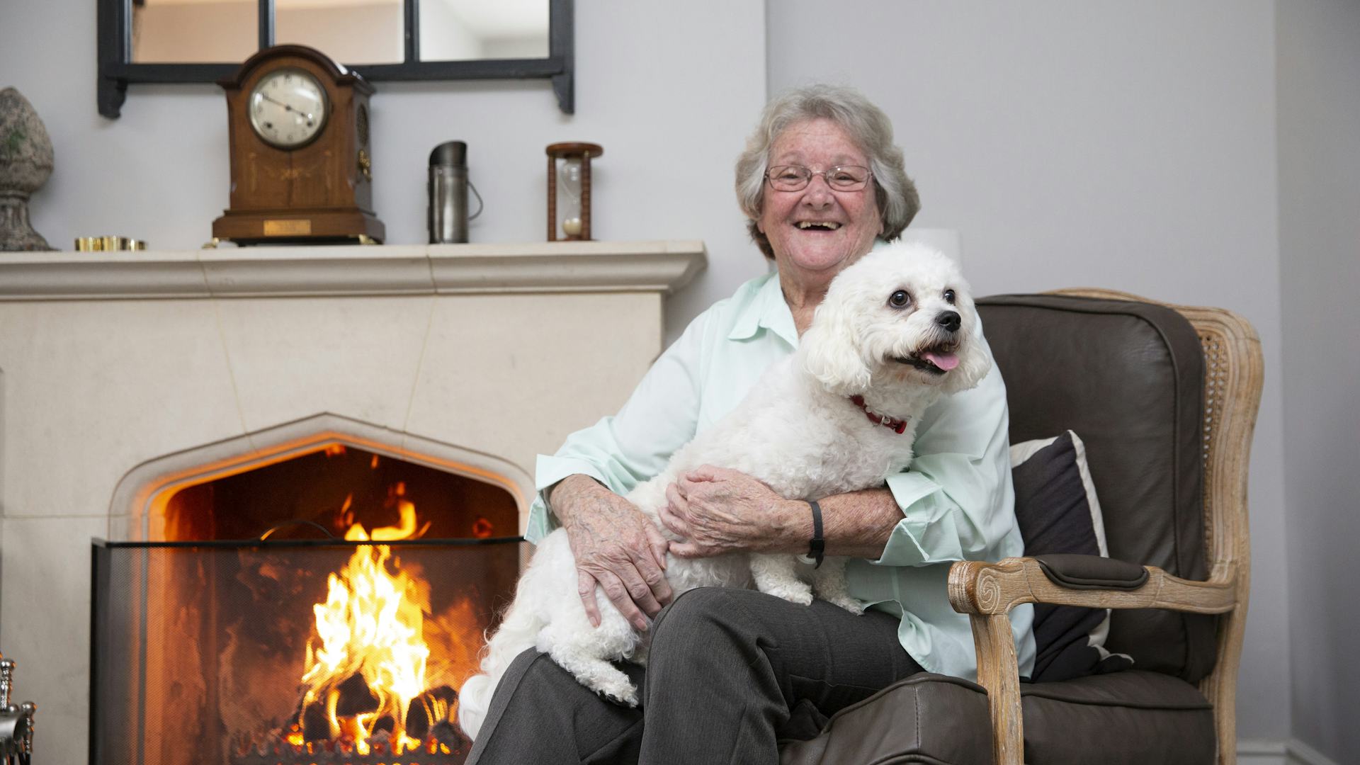 Elderly Lady sat in a chair with her per dog on her lap