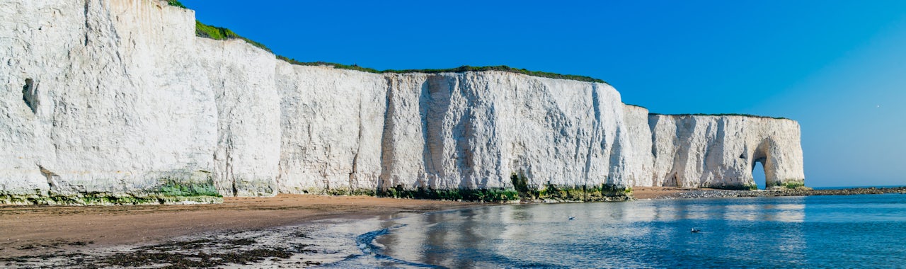 East Kent, Margate, white chalk cliffs and beach in Kingsgate Bay