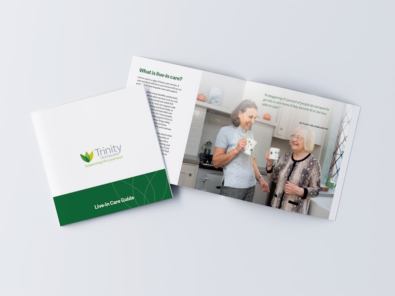 Trinity Homecare Live-in Care Guide Booklet on a grey background